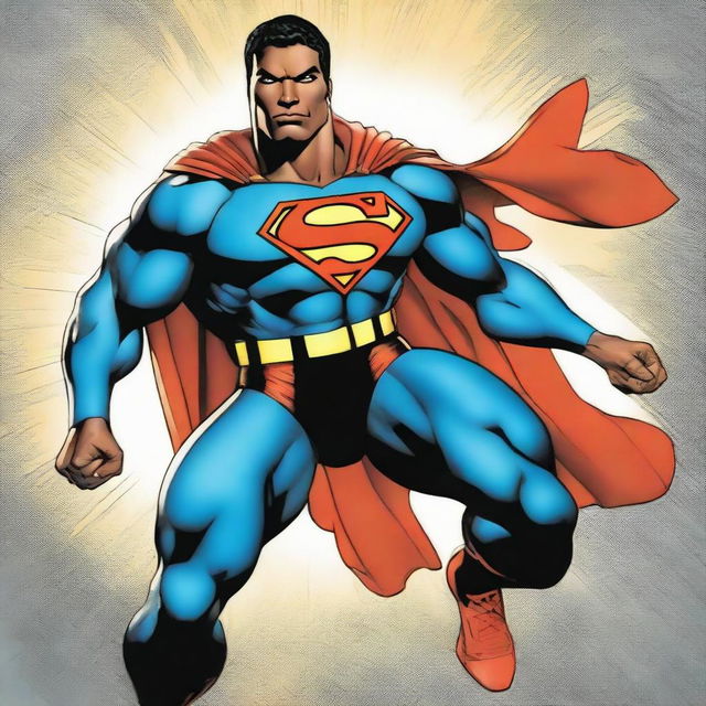 Black Superman in his iconic suit, showcasing his strength by effortlessly picking up a large, gleaming key