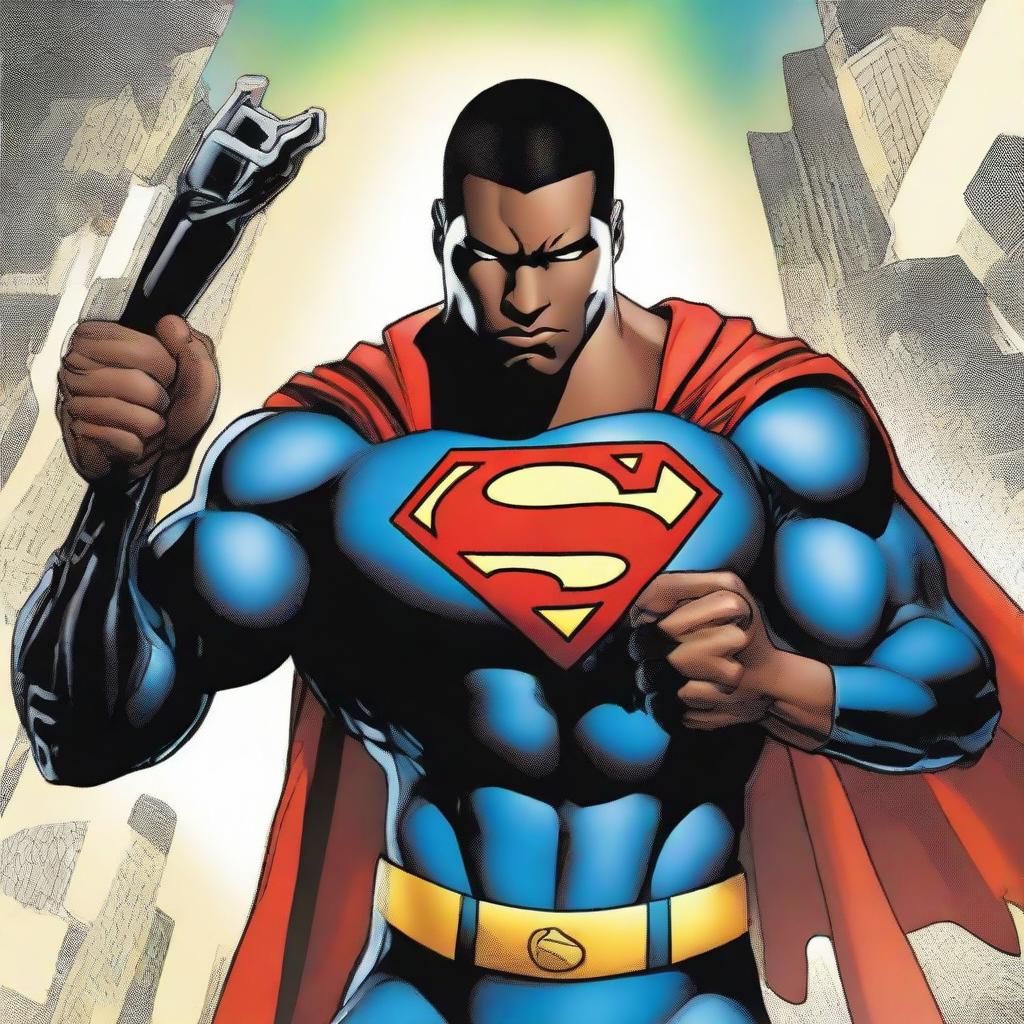 Black Superman in his iconic suit, showcasing his strength by effortlessly picking up a large, gleaming key