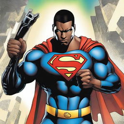 Black Superman in his iconic suit, showcasing his strength by effortlessly picking up a large, gleaming key