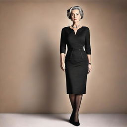 A high-definition digital art image of a mature woman, around the age of 50, with a full figure, dressed in an elegant dress complemented by black nylons
