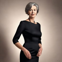 A high-definition digital art image of a mature woman, around the age of 50, with a full figure, dressed in an elegant dress complemented by black nylons