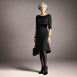 A high-definition digital art image of a mature woman, around the age of 50, with a full figure, dressed in an elegant dress complemented by black nylons