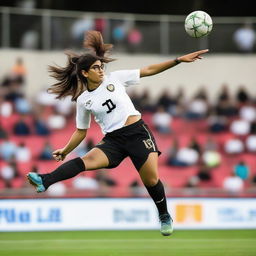 Mia Khalifa in athletic wear, mid-air, performing an impressive bicycle kick during a football game.