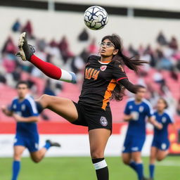 Mia Khalifa in athletic wear, mid-air, performing an impressive bicycle kick during a football game.