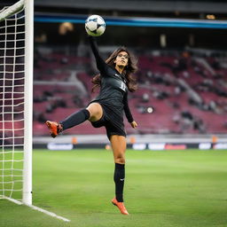 Mia Khalifa in athletic wear, mid-air, performing an impressive bicycle kick during a football game.