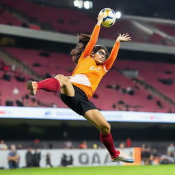 Mia Khalifa in athletic wear, mid-air, performing an impressive bicycle kick during a football game.