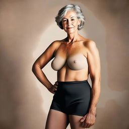 A digital art image of a mature woman in her 50s, topless, with a full figure, and wearing black pantyhose