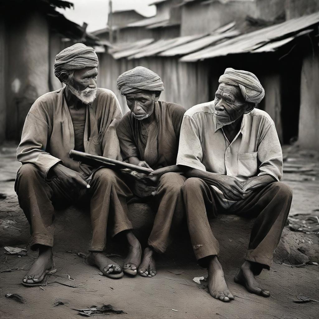 Photographically styled image capturing the contrast between impoverished people amidst war and affluent individuals enjoying peace.