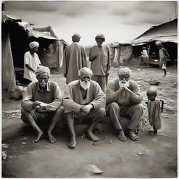 Photographically styled image capturing the contrast between impoverished people amidst war and affluent individuals enjoying peace.