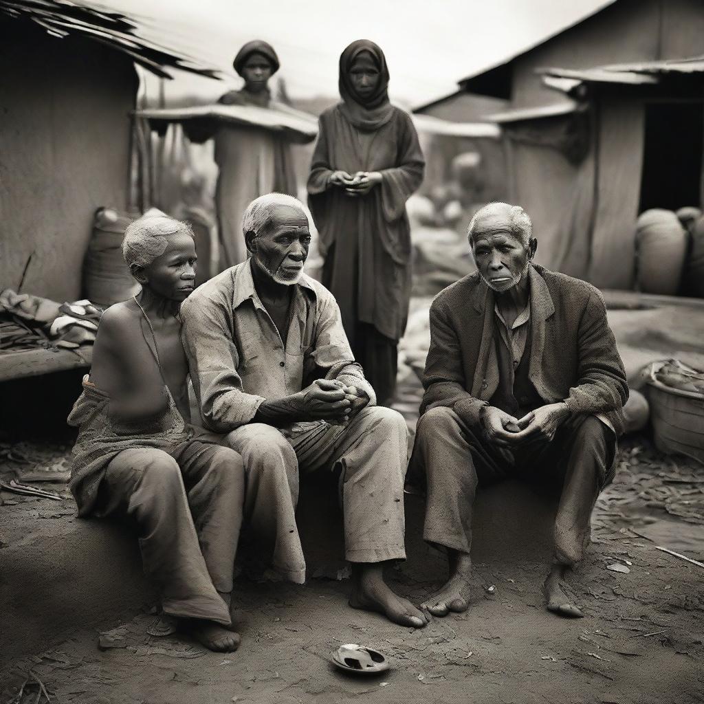 Photographically styled image capturing the contrast between impoverished people amidst war and affluent individuals enjoying peace.