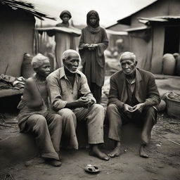 Photographically styled image capturing the contrast between impoverished people amidst war and affluent individuals enjoying peace.