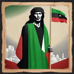 Personification of Libya, with elements of the national flag, landscapes and cultural symbols in its design. The figure exhibits a strong, resilient character.