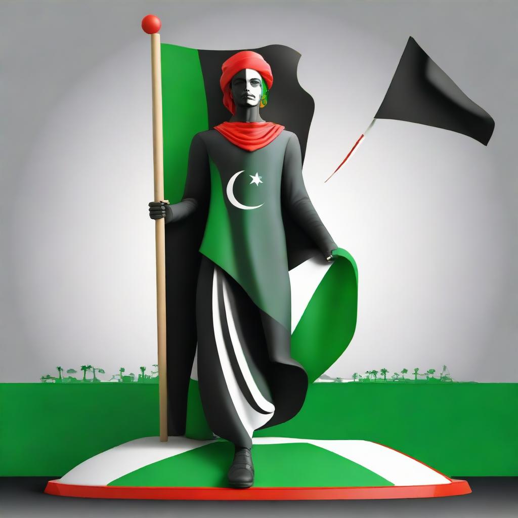 Personification of Libya, with elements of the national flag, landscapes and cultural symbols in its design. The figure exhibits a strong, resilient character.