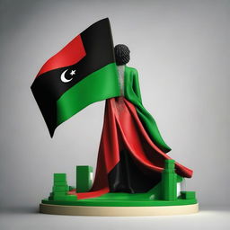 Personification of Libya, with elements of the national flag, landscapes and cultural symbols in its design. The figure exhibits a strong, resilient character.