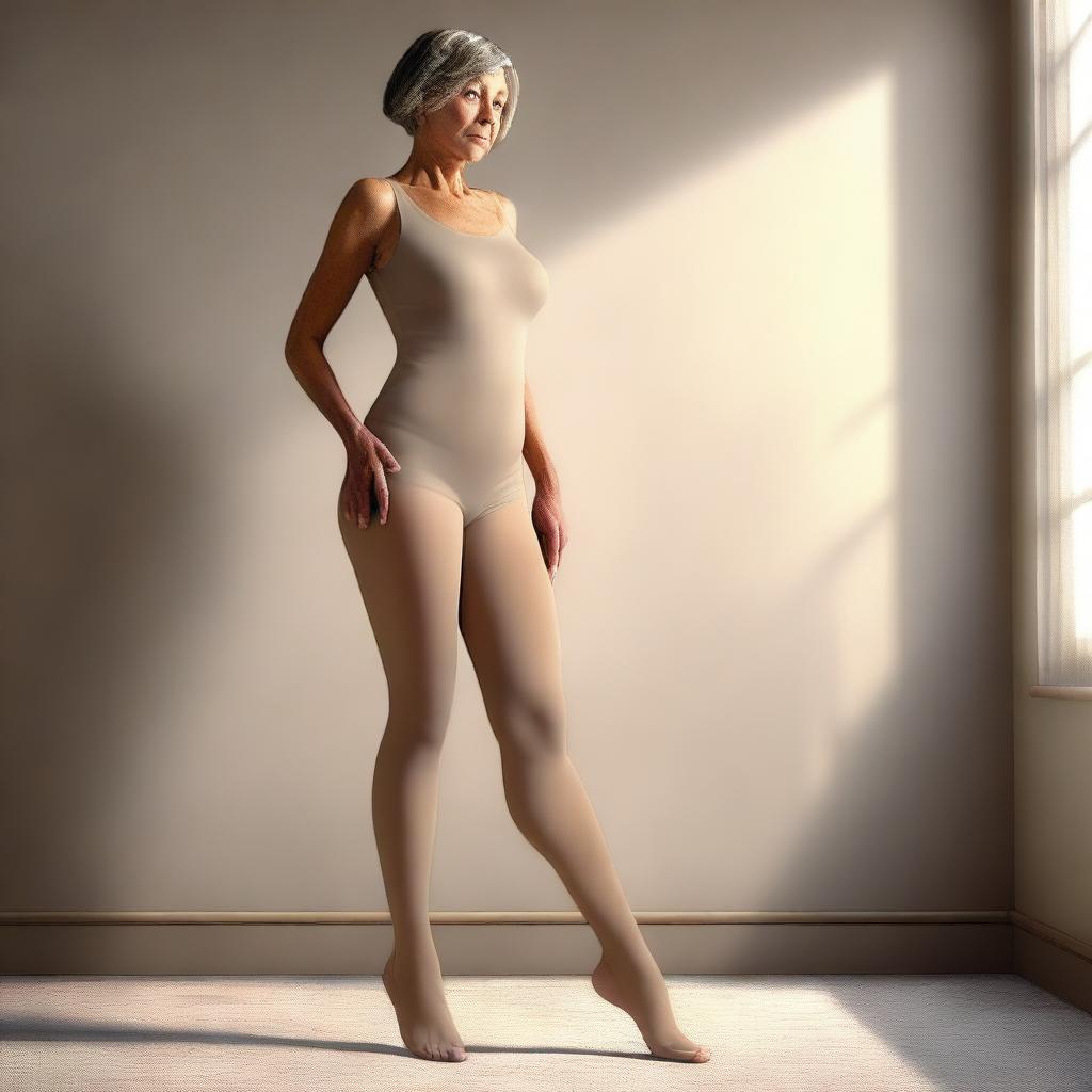 A high-definition digital art image portraying a woman in her 50s with a full figure, dressed in nude pantyhose