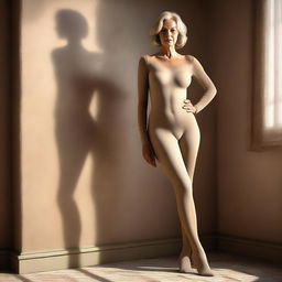 A high-definition digital art image portraying a woman in her 50s with a full figure, dressed in nude pantyhose