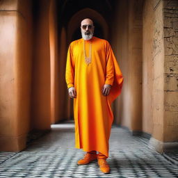 Fashion portrait of the Iranian rapper Reza Prosor wearing a vibrant orange dress.