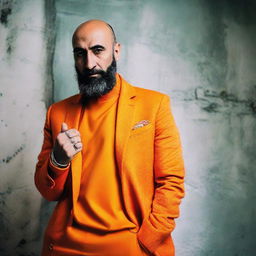 Fashion portrait of the Iranian rapper Reza Prosor wearing a vibrant orange dress.