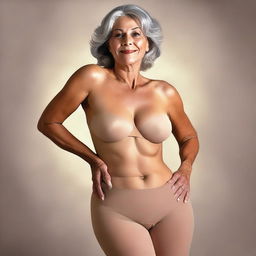 A digital art image of a mature woman in her 50s, topless, with a full figure, and wearing nude pantyhose