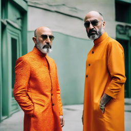 Fashion portrait of the Iranian rapper Reza Prosor wearing a vibrant orange dress.