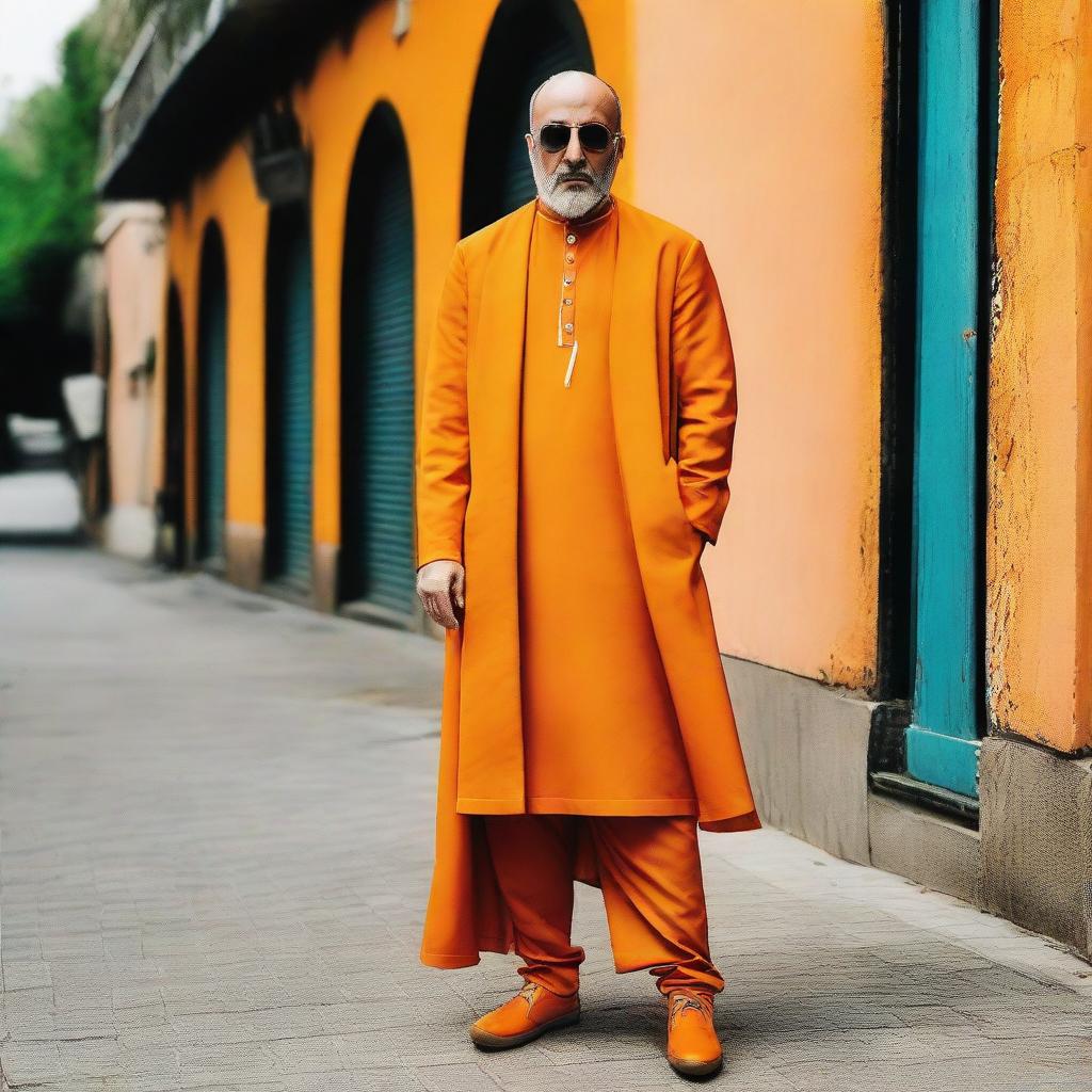 Fashion portrait of the Iranian rapper Reza Prosor wearing a vibrant orange dress.