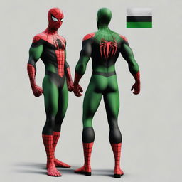 Spiderman in Libya's national colors (red, green, and black) with elements of Libya's emblem incorporated into the suit design.