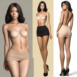 A high-quality digital art image showcasing a young woman in her 20s, topless, with a full figure, wearing black stilettos, tan pantyhose, and a short black skirt