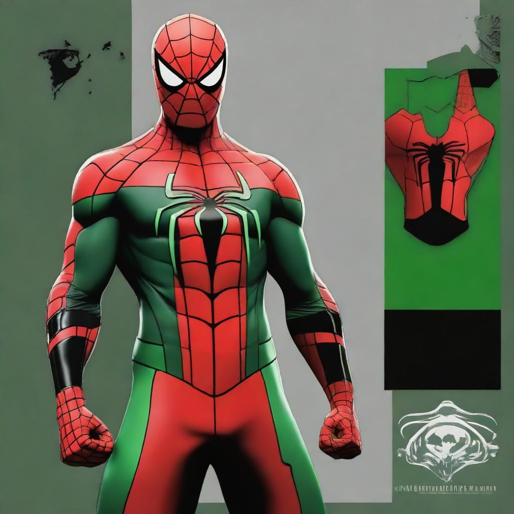 Spiderman in Libya's national colors (red, green, and black) with elements of Libya's emblem incorporated into the suit design.