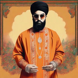 Create a portrait of the Iranian rapper Reza Pishro, stylishly donned in a traditional Iranian orange dress.