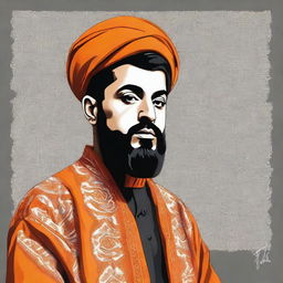 Create a portrait of the Iranian rapper Reza Pishro, stylishly donned in a traditional Iranian orange dress.