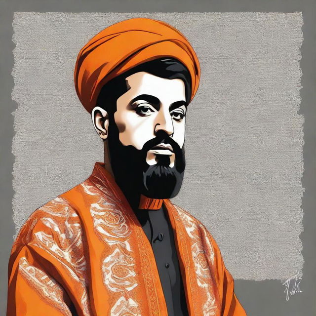 Create a portrait of the Iranian rapper Reza Pishro, stylishly donned in a traditional Iranian orange dress.