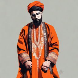 Create a portrait of the Iranian rapper Reza Pishro, stylishly donned in a traditional Iranian orange dress.