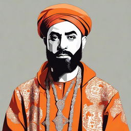 Create a portrait of the Iranian rapper Reza Pishro, stylishly donned in a traditional Iranian orange dress.