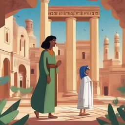 Disney-style portrayal of Libya, with characters and landscapes inspired by its culture, architecture, and natural beauty.