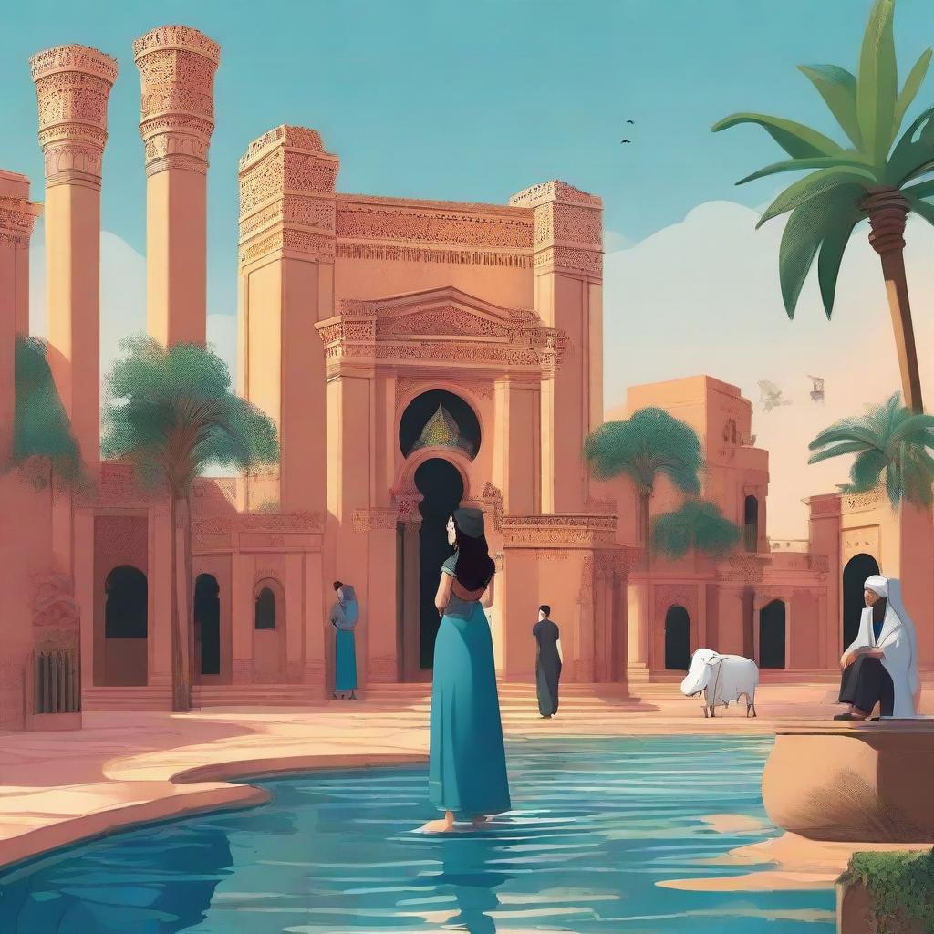 Disney-style portrayal of Libya, with characters and landscapes inspired by its culture, architecture, and natural beauty.