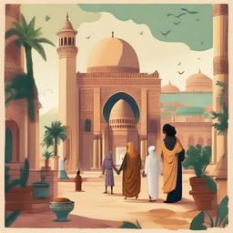 Disney-style portrayal of Libya, with characters and landscapes inspired by its culture, architecture, and natural beauty.