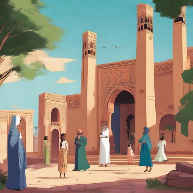 Disney-style portrayal of Libya, with characters and landscapes inspired by its culture, architecture, and natural beauty.