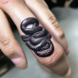 Generate an image of a detailed snake tattoo designed on a finger.