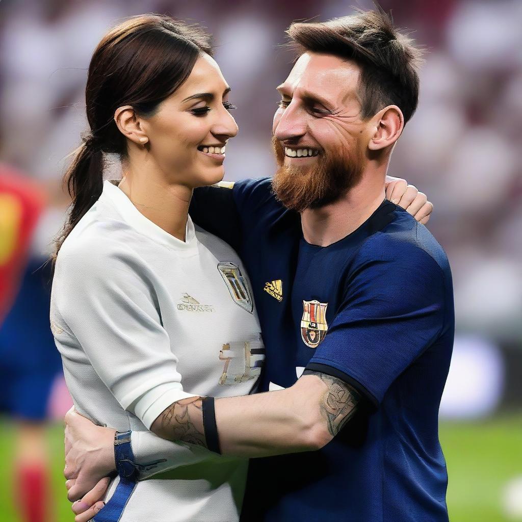 A warm, emotional moment of Lionel Messi hugging Georgina Rodriguez lovingly, both smiling.