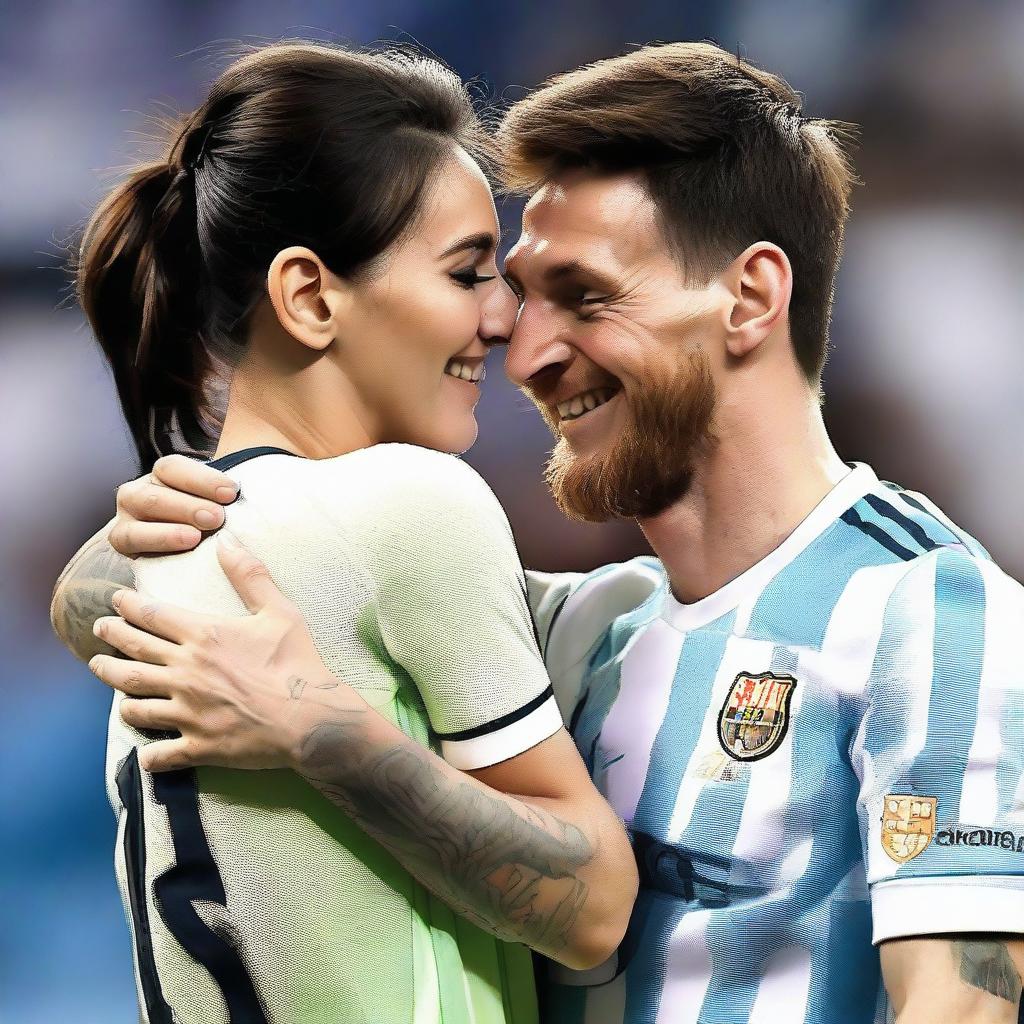 A warm, emotional moment of Lionel Messi hugging Georgina Rodriguez lovingly, both smiling.