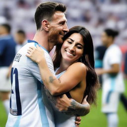 A warm, emotional moment of Lionel Messi hugging Georgina Rodriguez lovingly, both smiling.