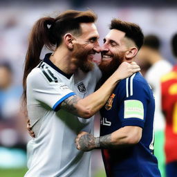 A warm, emotional moment of Lionel Messi hugging Georgina Rodriguez lovingly, both smiling.