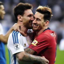 A touching, joyful moment of Lionel Messi hugging Georgina Rodriguez, both of them smiling.