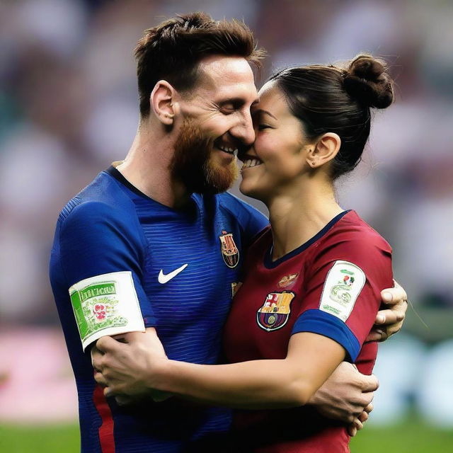 A touching, joyful moment of Lionel Messi hugging Georgina Rodriguez, both of them smiling.