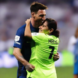 A touching, joyful moment of Lionel Messi hugging Georgina Rodriguez, both of them smiling.