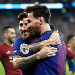 A touching, joyful moment of Lionel Messi hugging Georgina Rodriguez, both of them smiling.