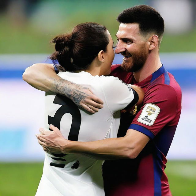 A friendly interaction between Lionel Messi and Georgina Rodriguez, Ronaldo's wife, where Messi is offering a friendly hug.