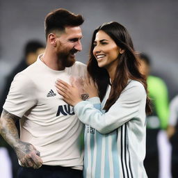 A friendly interaction between Lionel Messi and Georgina Rodriguez, Ronaldo's wife, where Messi is offering a friendly hug.