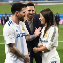 A friendly interaction between Lionel Messi and Georgina Rodriguez, Ronaldo's wife, where Messi is offering a friendly hug.