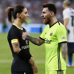 A friendly interaction between Lionel Messi and Georgina Rodriguez, Ronaldo's wife, where Messi is offering a friendly hug.